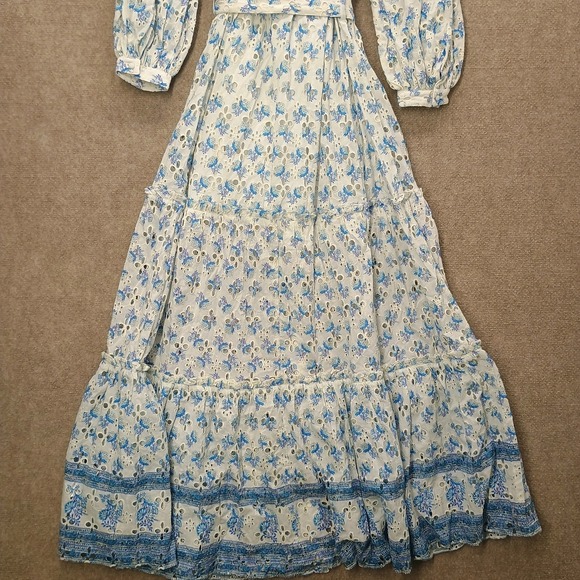 Hemant Nandita Womens XS XSMALL Blue White Boho Floral Eyelet Belted Maxi Dress - Picture 5 of 10